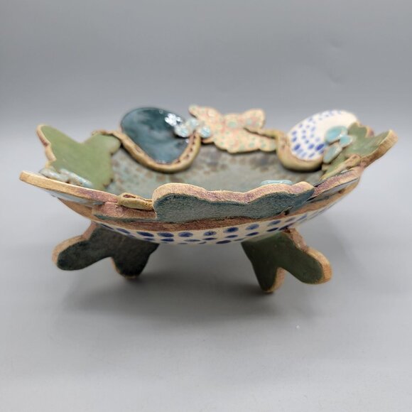 Handcrafted Studio Pottery Decorative Bowl Snake Details Footed One of a Kind - Picture 5 of 8